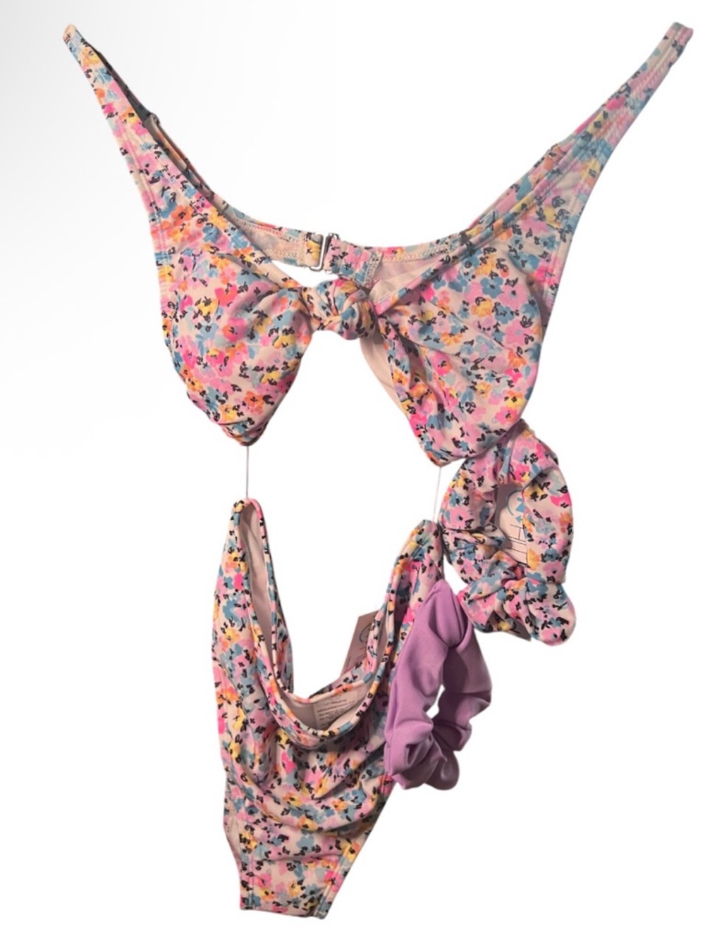 Floral Tie-Front Bikini Set with Scrunchies - Pink Multi NWT